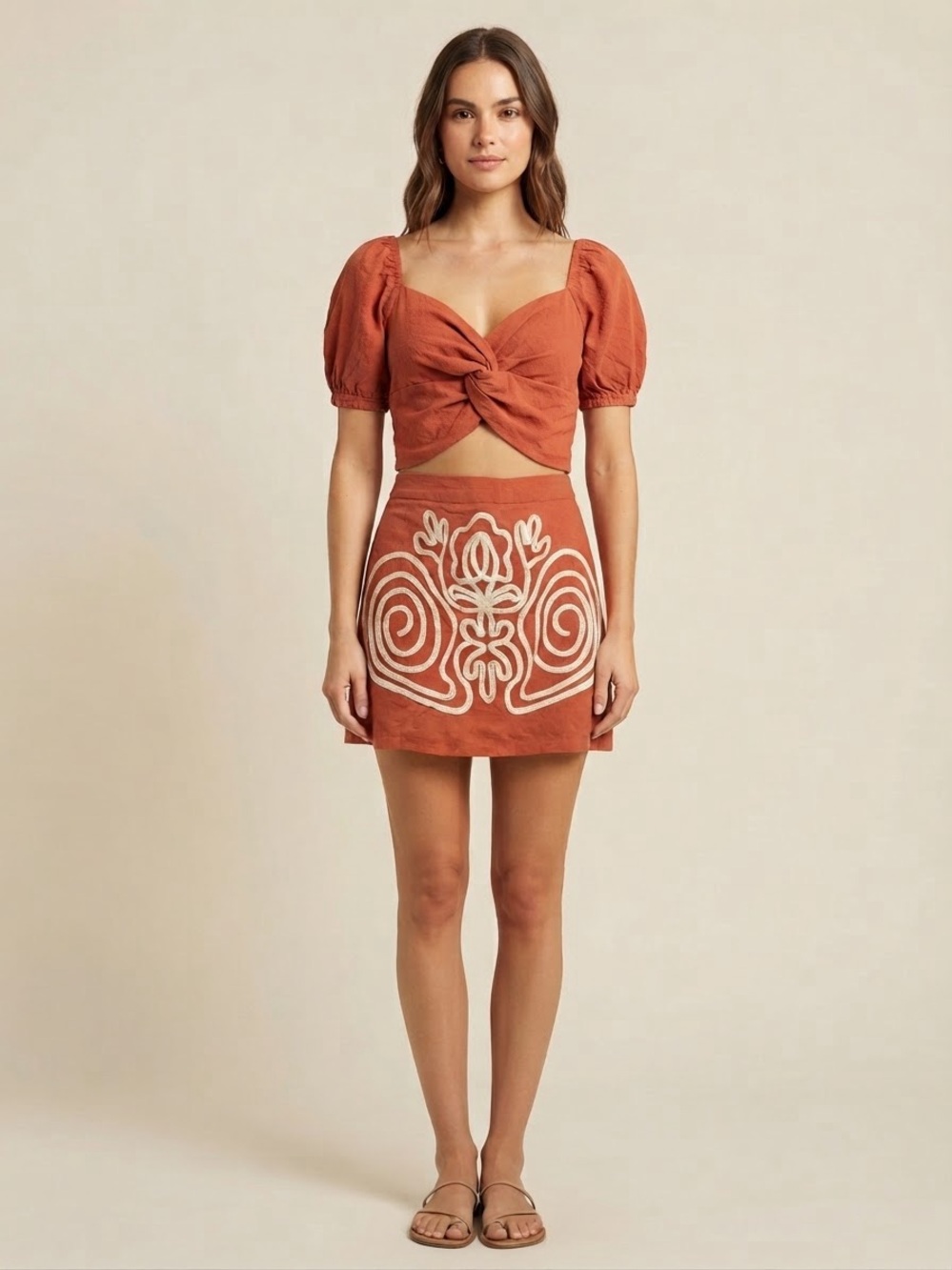 Rust Embroidered Mini Skirt Set- Women's